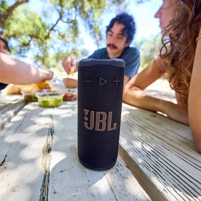Un grupo de amigos está sentado en una mesa del parque escuchando música con una JBL Grip.