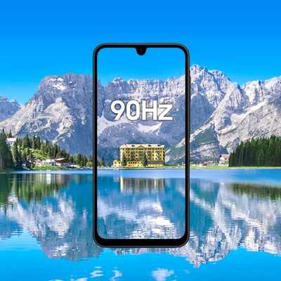 ​​​​​​​Un Galaxy A17 5G con su pantalla enmarcando un lago cristalino y montañas, resaltando esa suave sensación que ofrecen las pantallas de 90 Hz.
