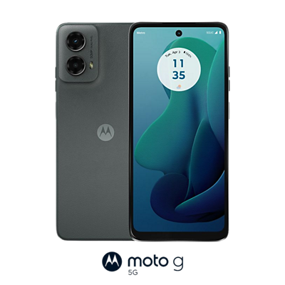 The front and back of a Moto g 5G with the logo beneath it.