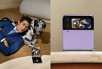 Un chico con un perro grabándose con el Samsung Galaxy Flip4