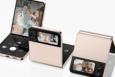 Samsung Galaxy Z Flip4 en múltiples poses, mostrando las capacidades plegables