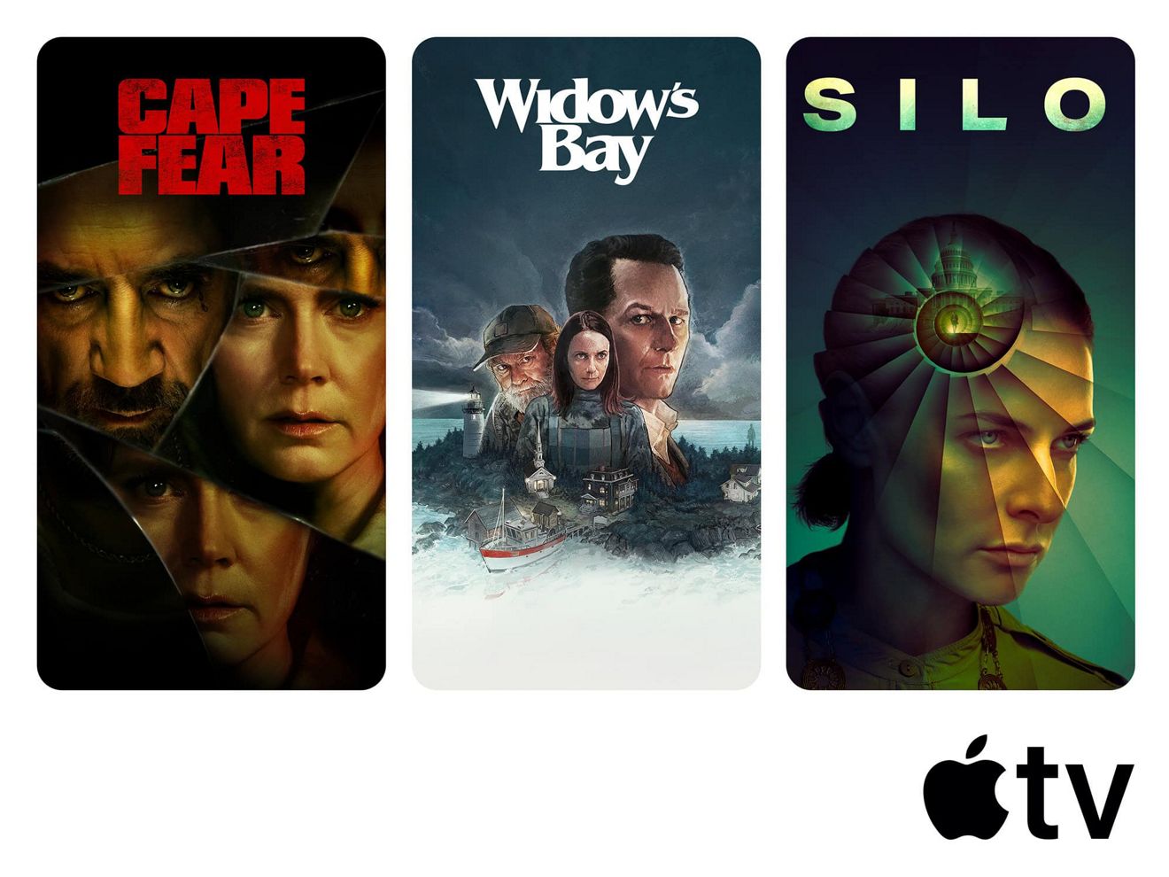 Imágenes promocionales de Apple TV para Cape Fear, Widow's Bay y Silo.