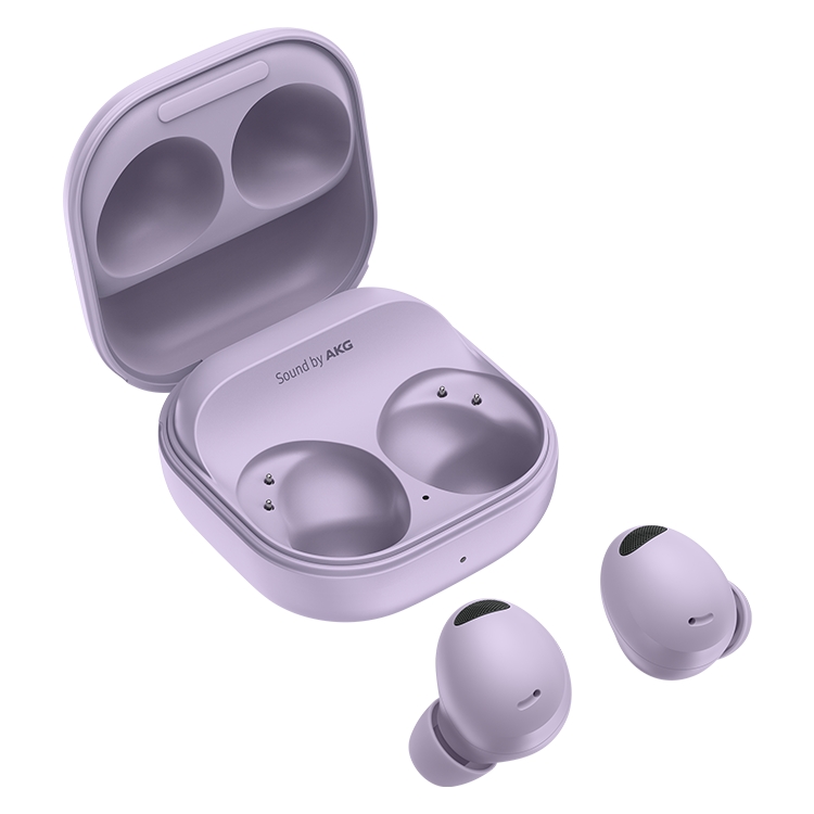 Dos audífonos Galaxy Buds2 junto a su funda.