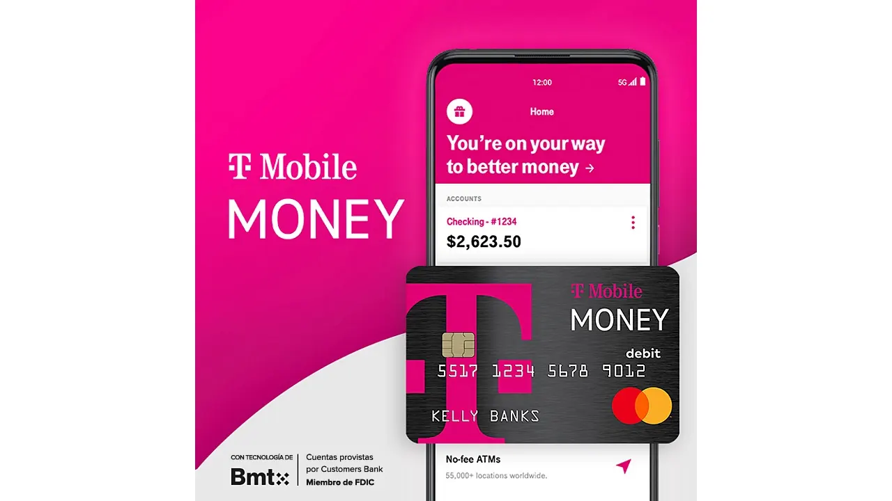 Tarjeta de débito T-Mobile MONEY negra con una T color magenta.