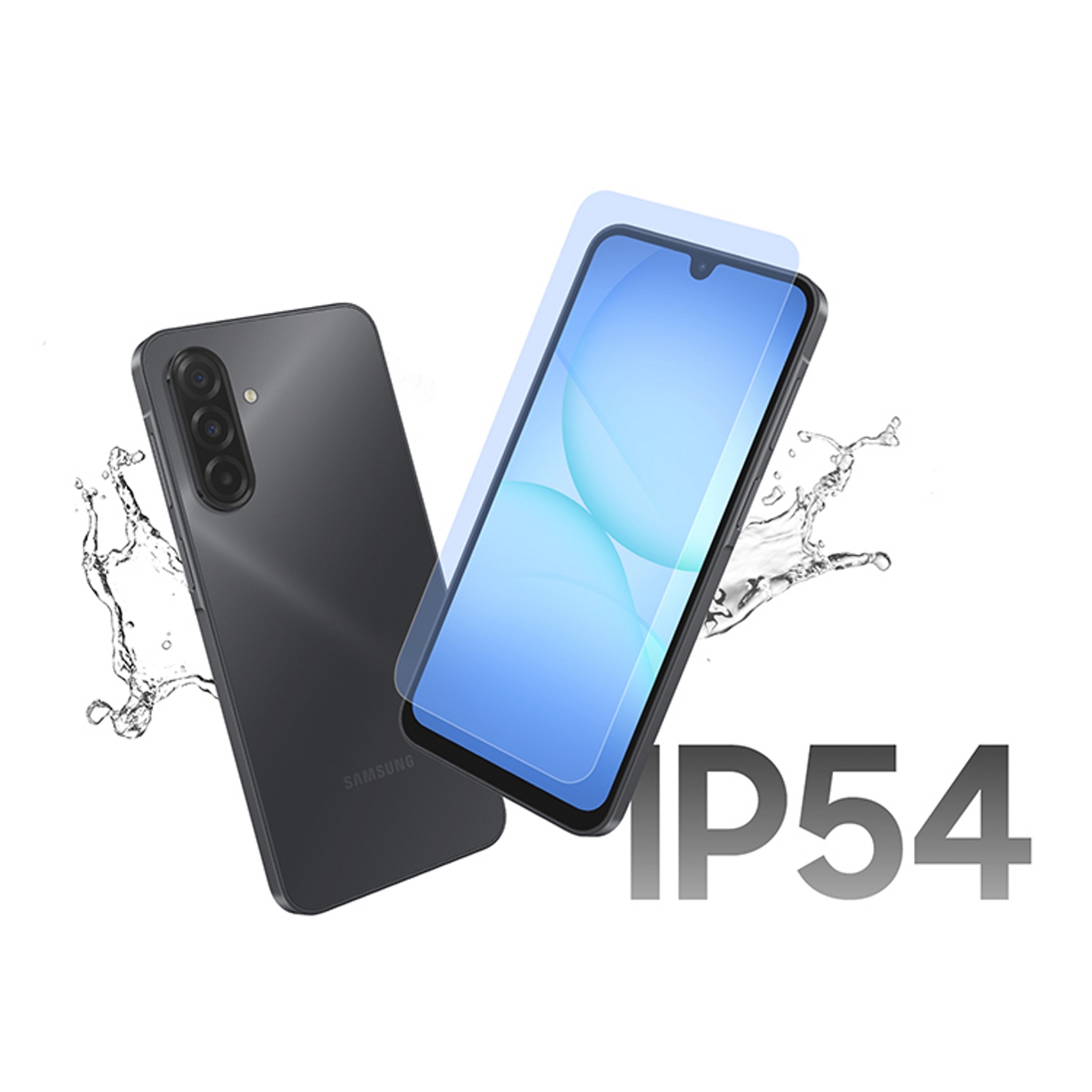 ​​​​​​​Dos teléfonos Galaxy A17 5G con salpicaduras de agua detrás, lo que destaca la protección de nivel IP54 del teléfono.