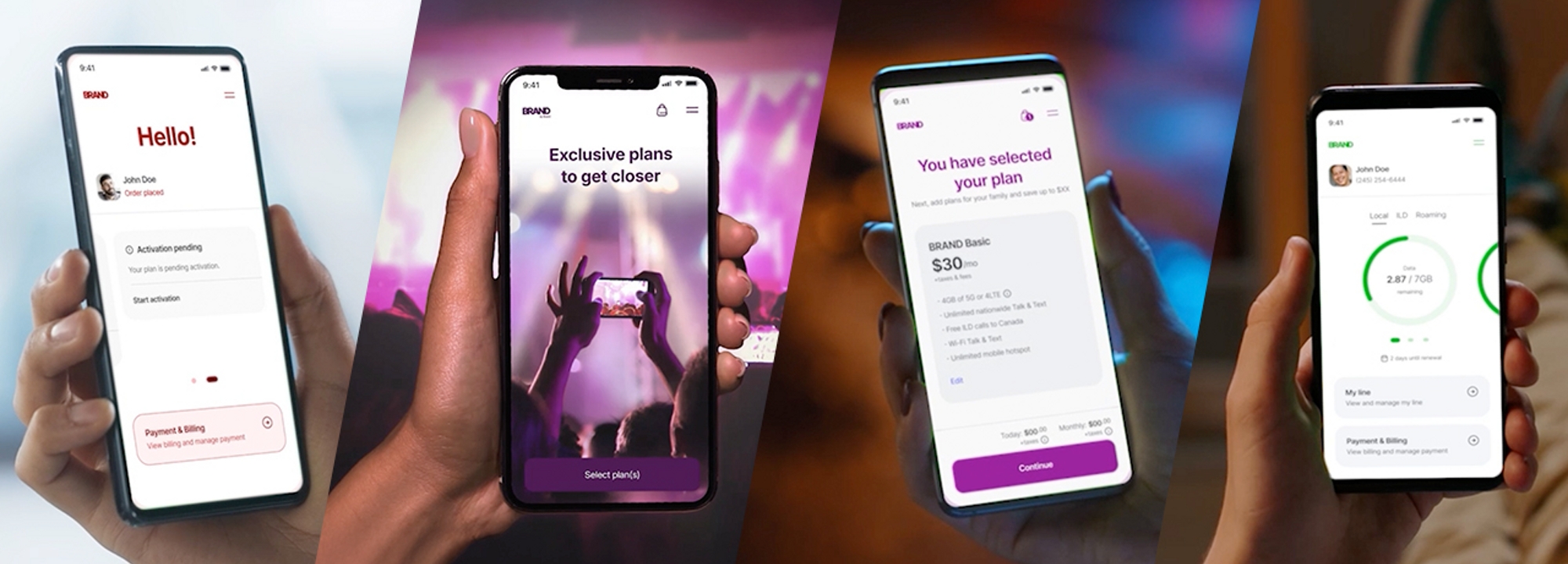 ​​​Cuatro teléfonos muestran diferentes fases de una app móvil. Cada fase muestra una serie de pasos para obtener un plan.​​
