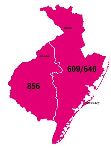Mapa de la región de los códigos de área 856 y 609/640 de Nueva Jersey, que incluye las ciudades de Camden, Trenton y Atlantic City