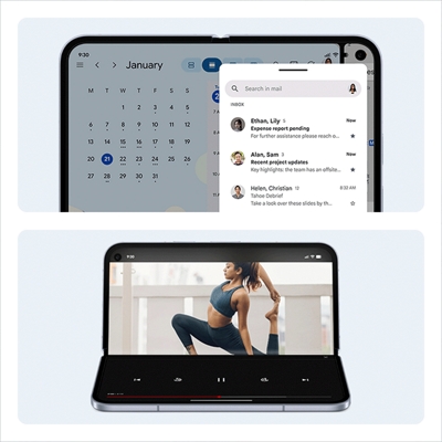 Pantalla del Galaxy 10 con calendario y Galaxy 10 en modo escritorio reproduciendo un video