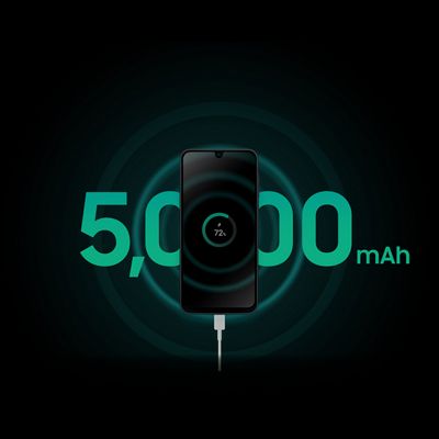 Un Galaxy A17 5G enchufado y cargándose, con una llamativa 5,000 mAh detrás para presumir de su gran autonomía.