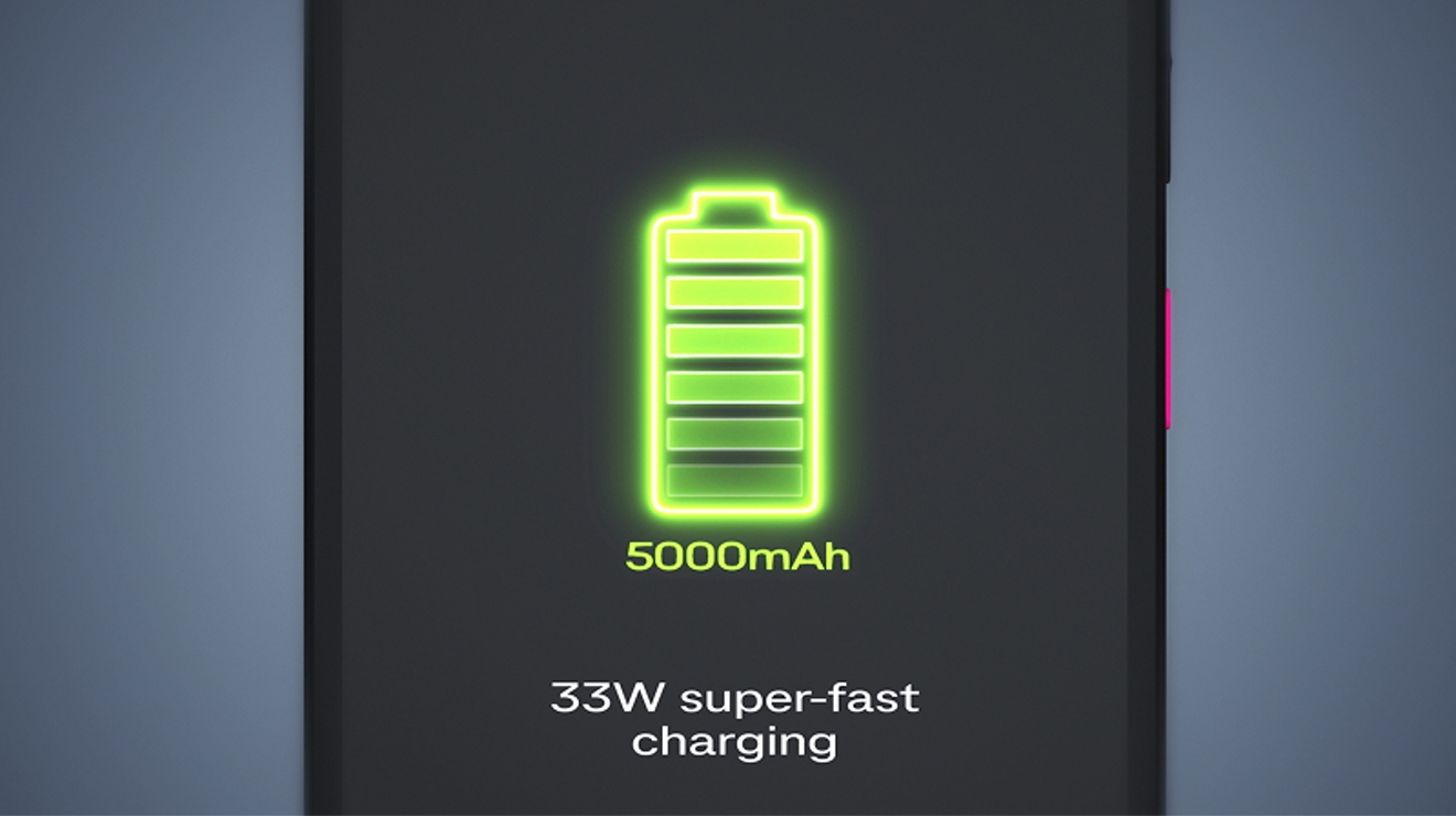 La pantalla del Revvl 8 Pro muestra una batería brillante de 5000 mAh con carga superrápida de 33 W.