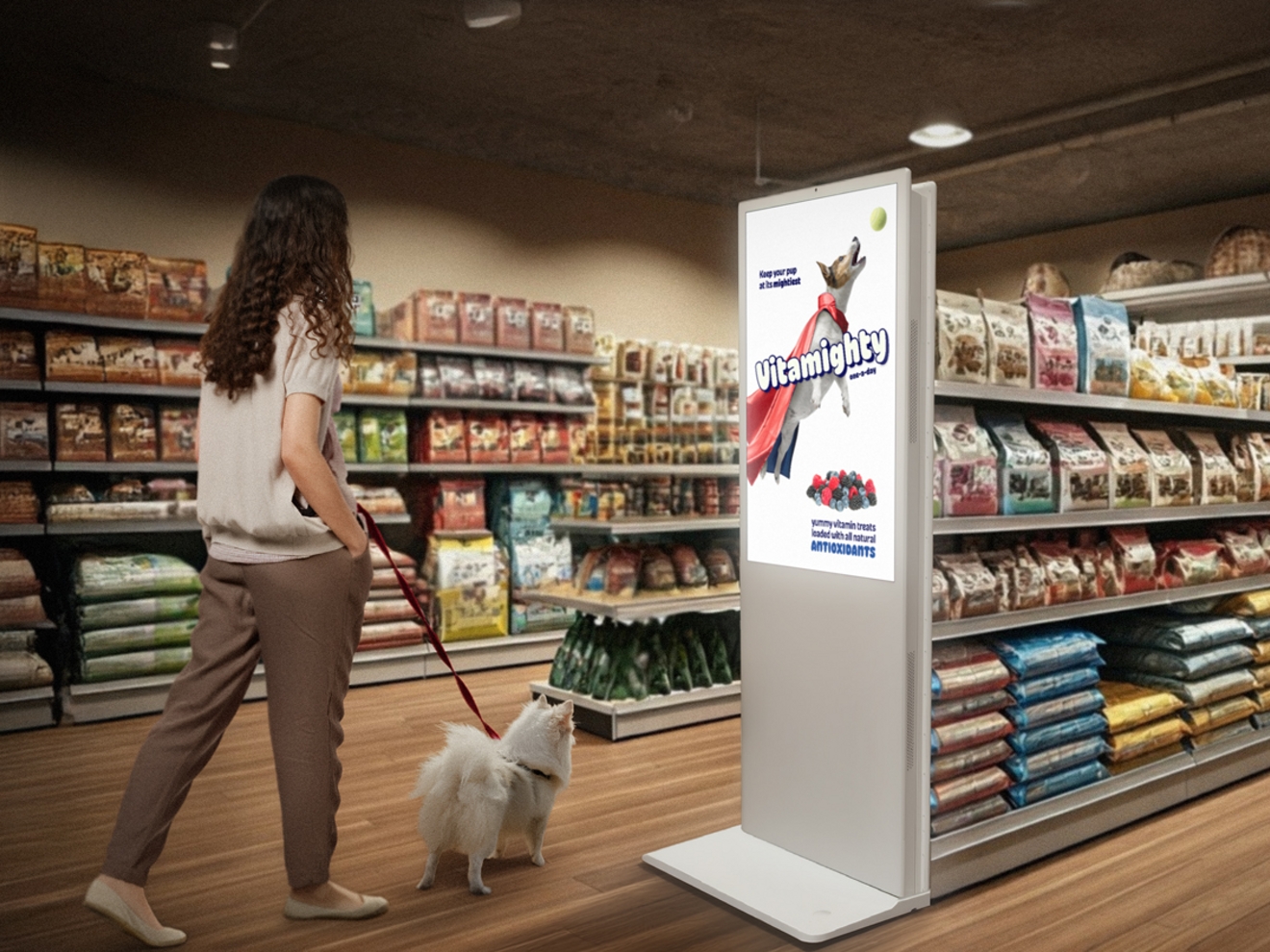 Una persona con un perro pequeño atado con correa pasando junto a un cartel digital en una tienda de productos para mascotas.