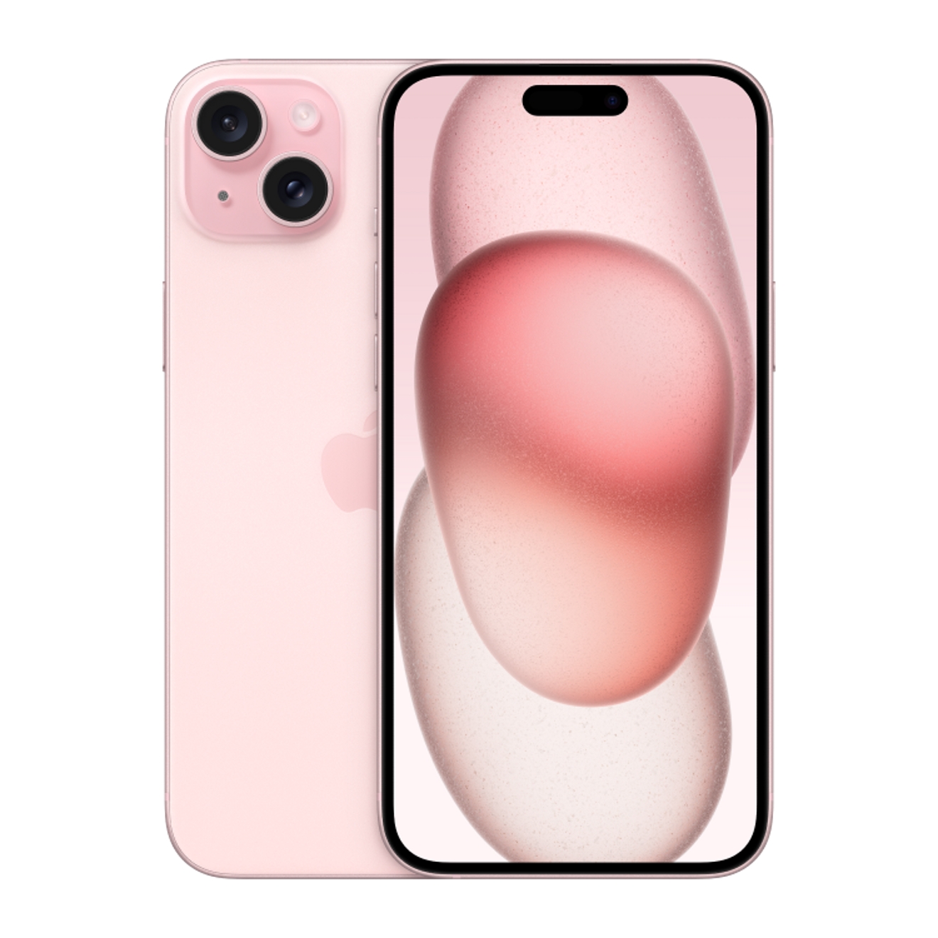 Parte delantera y trasera del iPhone rosa 15 Plus