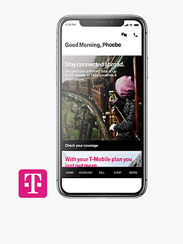 Teléfono con la página principal de la app T-Mobile en su pantalla