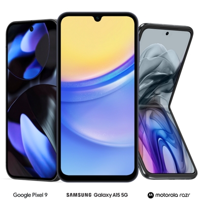 Un teléfono Google Pixel 9, Samsung Galaxy A15 5G y Motorola Razr.