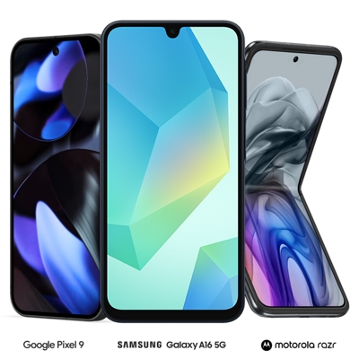 Un teléfono Google Pixel 9, Samsung Galaxy A15 5G y Motorola Razr.