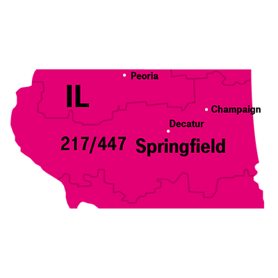 Un mapa que muestra Springfield, Illinois y las áreas circundantes, con el código de área 217 y el nuevo código de área 447.