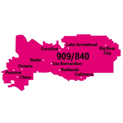 Un mapa que muestra San Bernardino y las áreas circundantes, con el código de área 909 y el nuevo código de área 840.