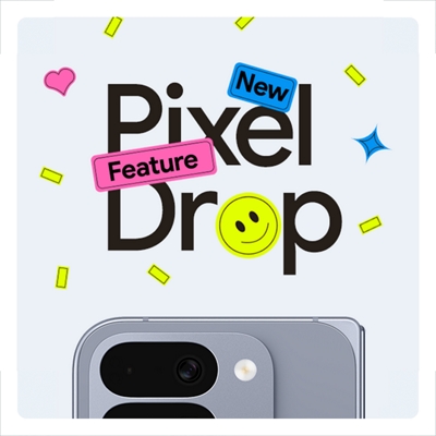 Pequeñas formas gráficas caen alrededor de un teléfono Google Pixel 10 índigo con las palabras Nueva función Pixel Drop