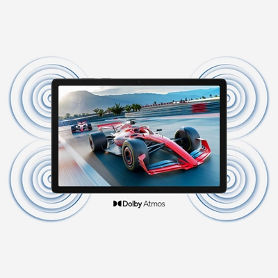 Una Galaxy Tab A11+ 5G con una escena de carreras en toda la pantalla, rodeada de anillos que hacen referencia a su sonido Dolby Atmos.