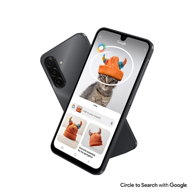 A Galaxy A17 5G showing Circle to Search in action, pulling up results for a cute cat wearing a quirky orange hat