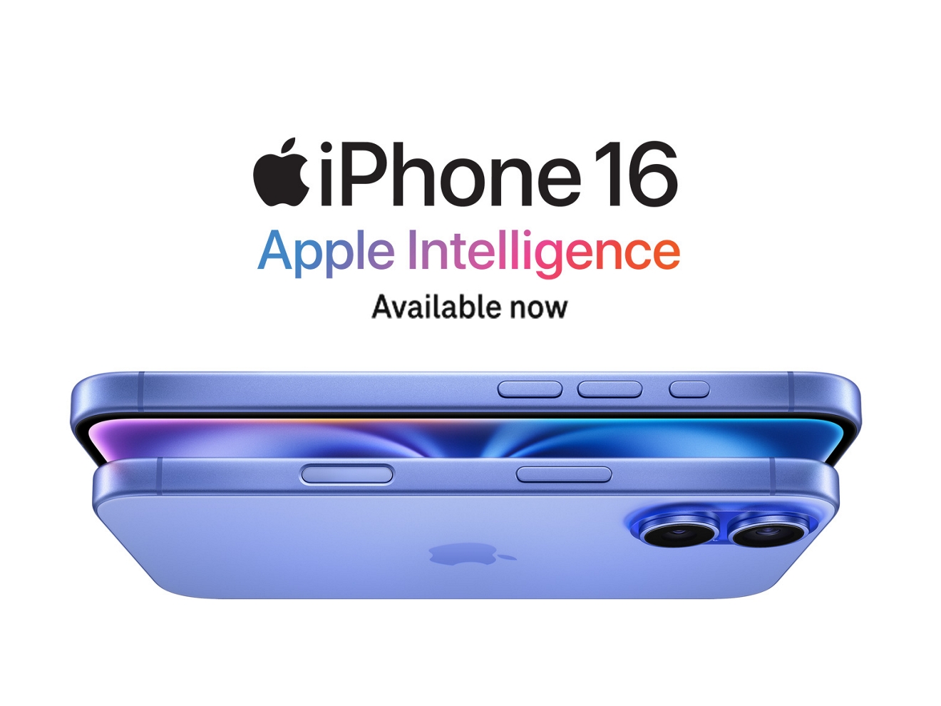 Se muestran los laterales del iPhone 16 con las palabras Apple Intelligence disponible ahora arriba.