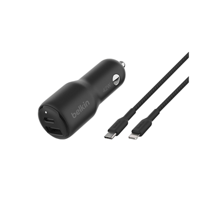 Cargador doble para auto Belkin de 42 W con cable USB-C a Lightning - Negro-slide-1