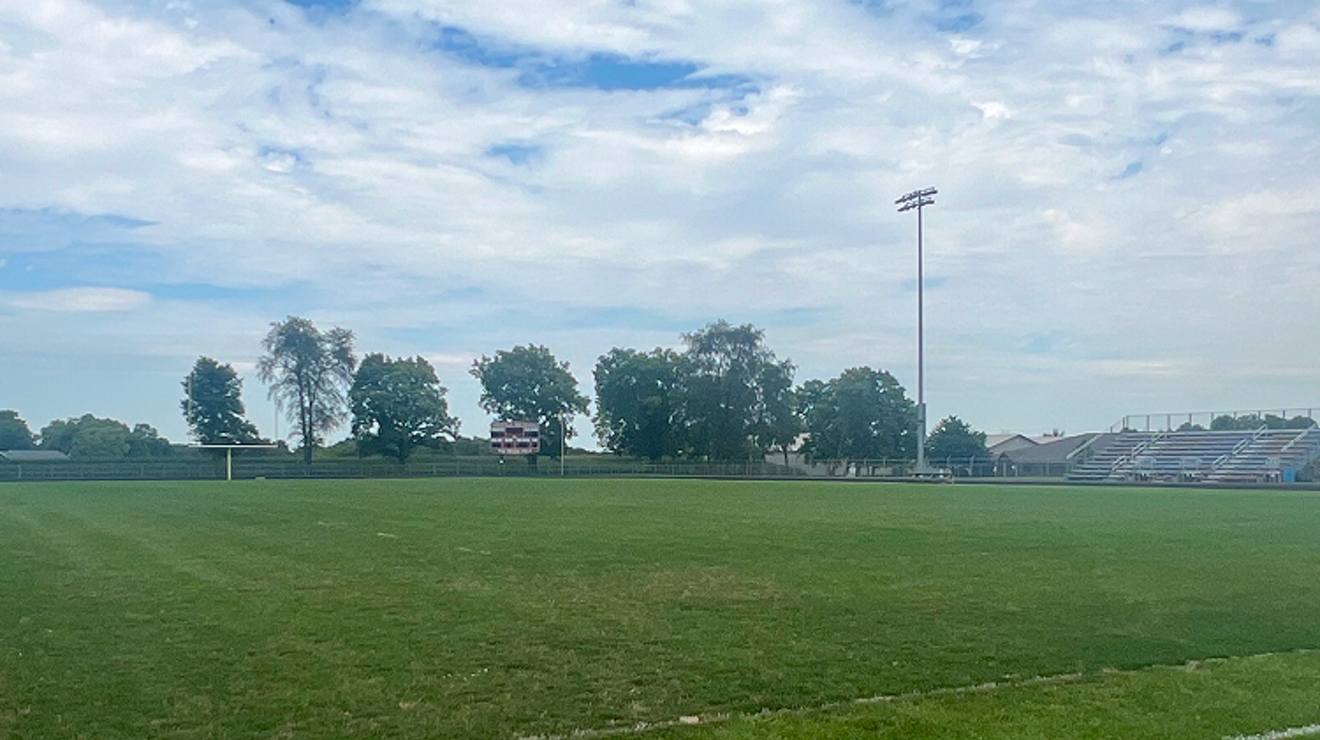 Un campo verde vibrante con un cielo azul claro.