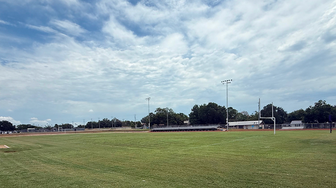 Un campo verde intenso con un cielo azul claro en el fondo.