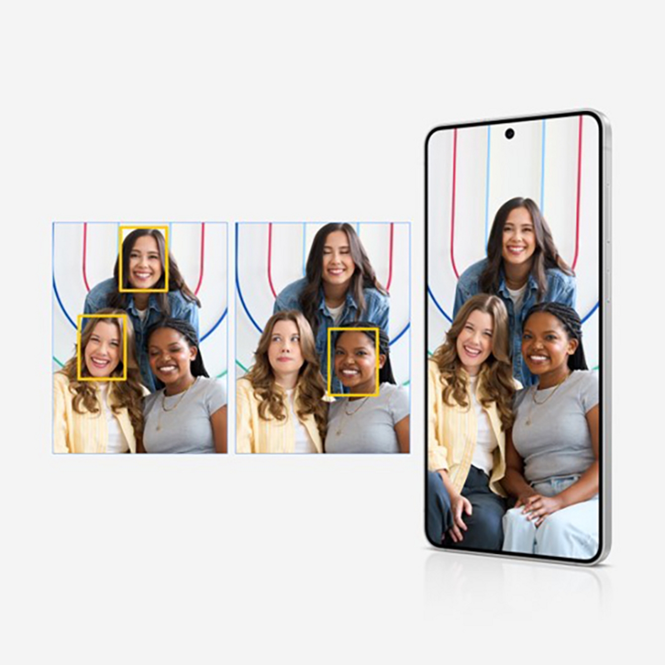 Dos fotos una al lado de la otra; una muestra un cuadrado alrededor del rostro de una mujer para seleccionarla como la mejor opción.