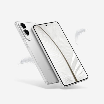 La parte trasera y frontal del Galaxy S25 Edge se muestran con plumas blancas flotando en el aire.