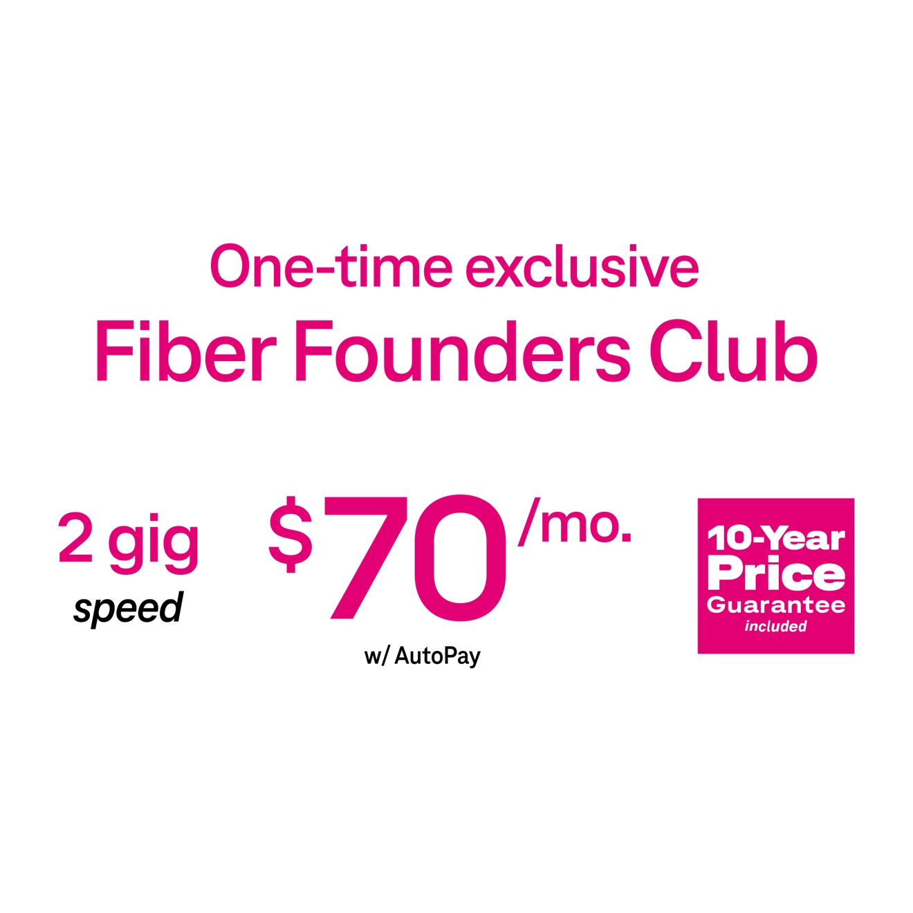 Texto sobre fondo magenta que dice: Oferta exclusiva por tiempo limitado, Fiber Founders Club, velocidad de 2 gigas, $70 al mes con AutoPago, precio garantizado por 10 años incluido. Sujeto a exclusiones, como impuestos y cargos.