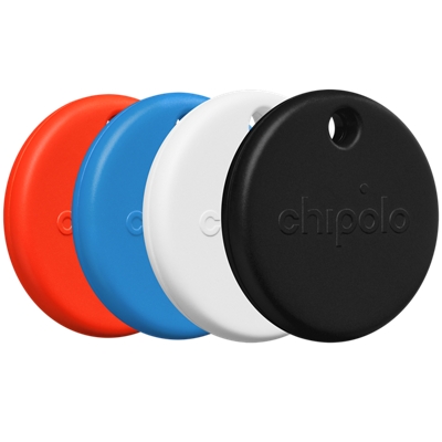 Dispositivos Chipolo POP en rojo, azul, blanco y negro