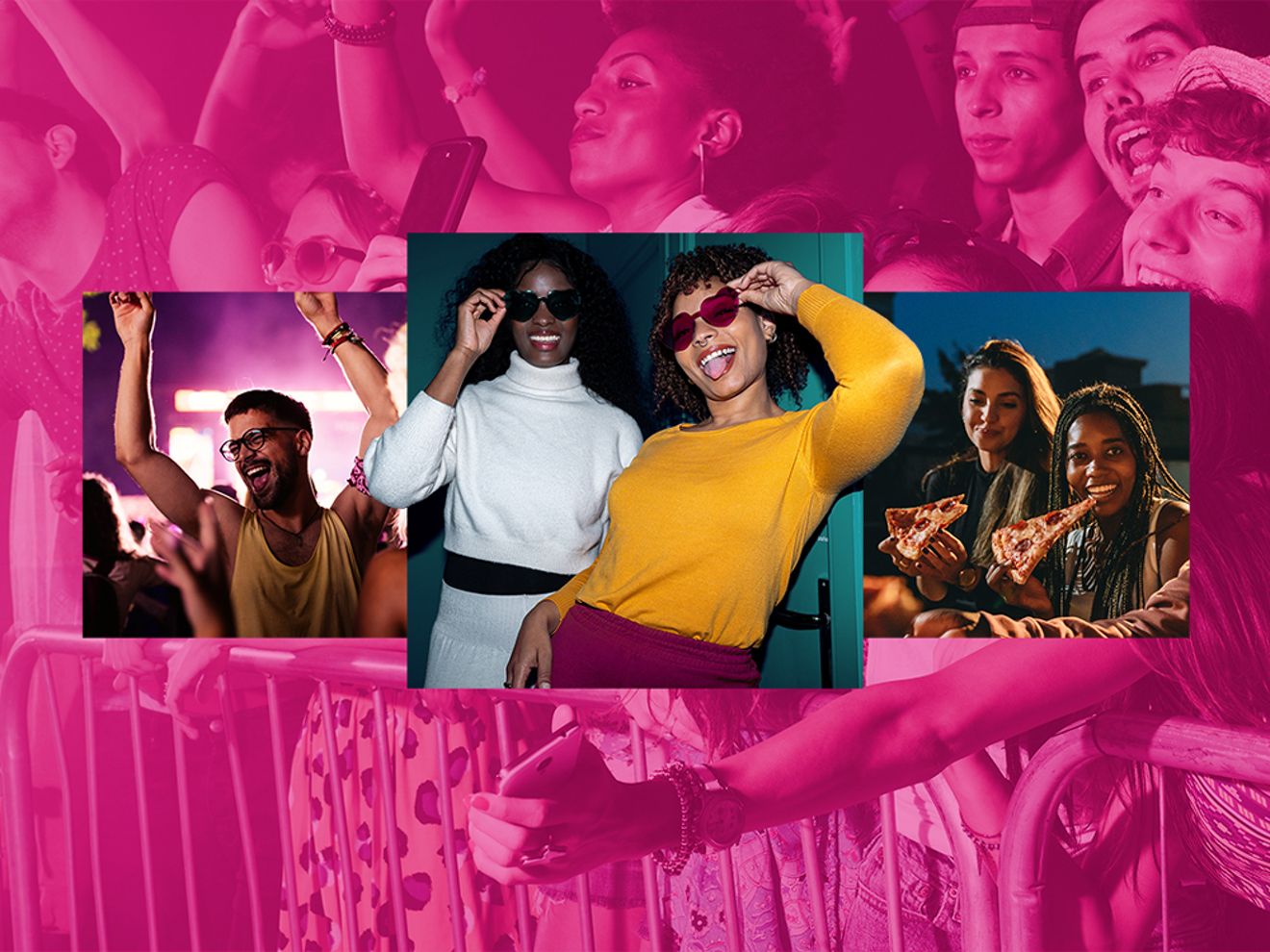 Una colección de fotos de jóvenes divirtiéndose, sobre un fondo magenta con gente en un concierto. En las fotos, hay un chico bailando, dos amigos presumiendo sus gafas de sol y dos amigos disfrutando de porciones de pizza.