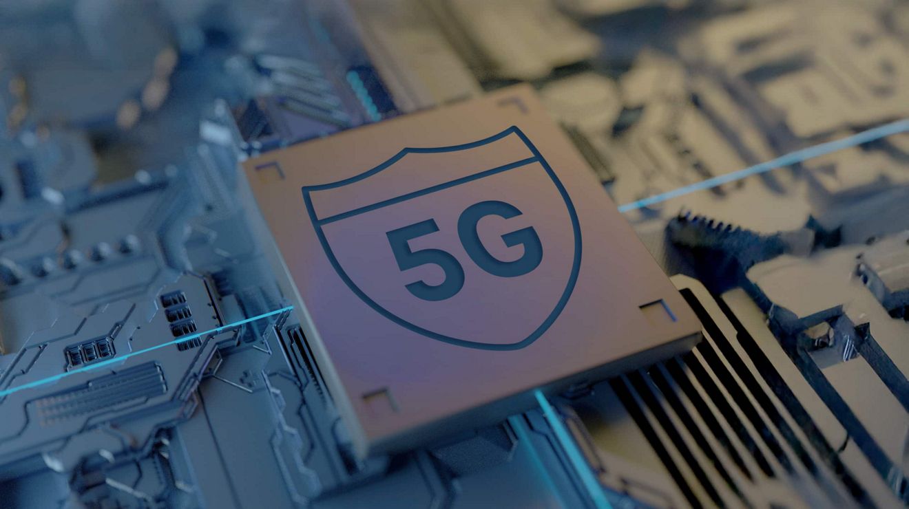 Un logo de 5G seguro en la parte superior de un chip de computadora.