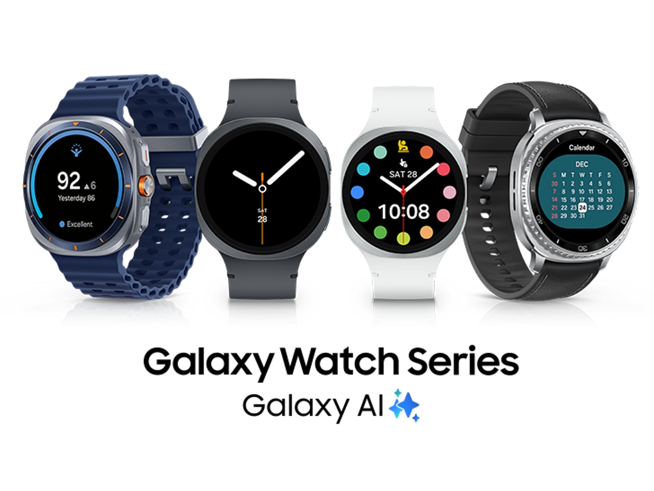 Cuatro dispositivos Samsung Galaxy Watch Ultra con el texto "Galaxy AI" debajo