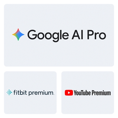 Tres mosaicos que muestran los logos de Google One Premium 2, Fitbit Premium y YouTube Premium