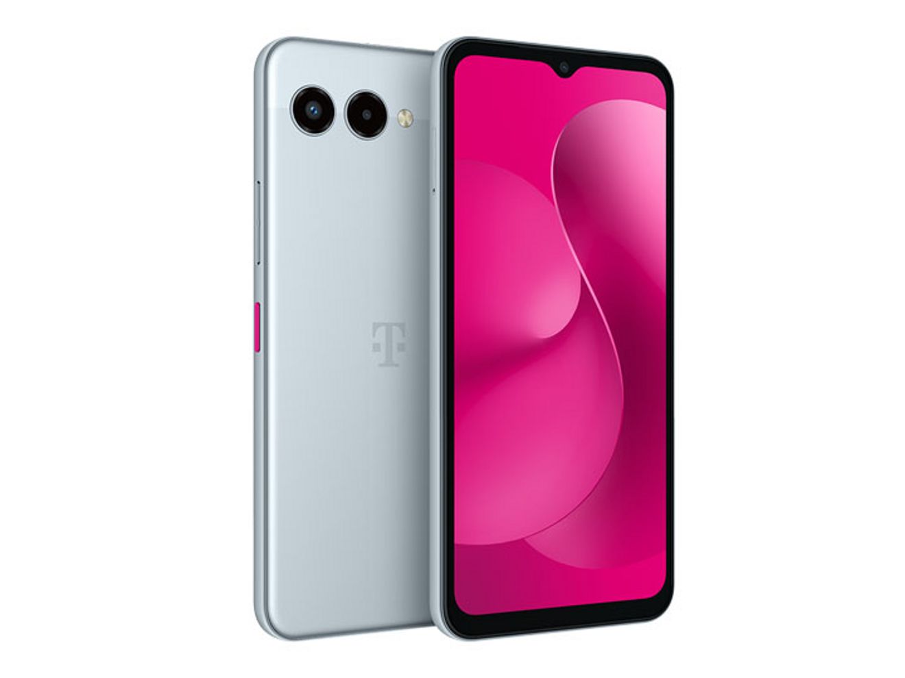 Ángulo posterior y frontal de un T-Mobile Revvl 8 que muestra un diseño de pantalla con degradado rojo.