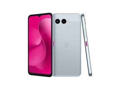 Vista trasera, frontal y lateral de un Revvl 8 de T-Mobile con un diseño de pantalla en degradado rojo.