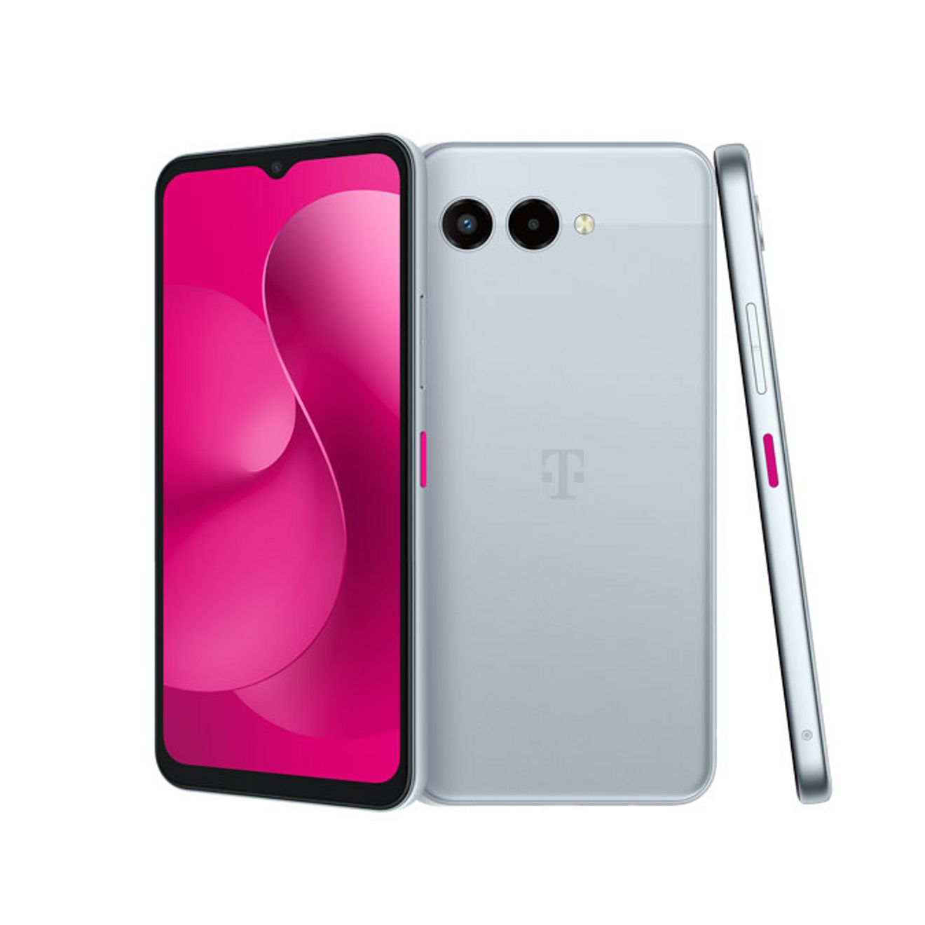 Vista trasera, frontal y lateral de un Revvl 8 de T-Mobile con un diseño de pantalla en degradado rojo.