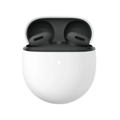 Audífonos Pixel Buds 2A negros en estuche blanco.