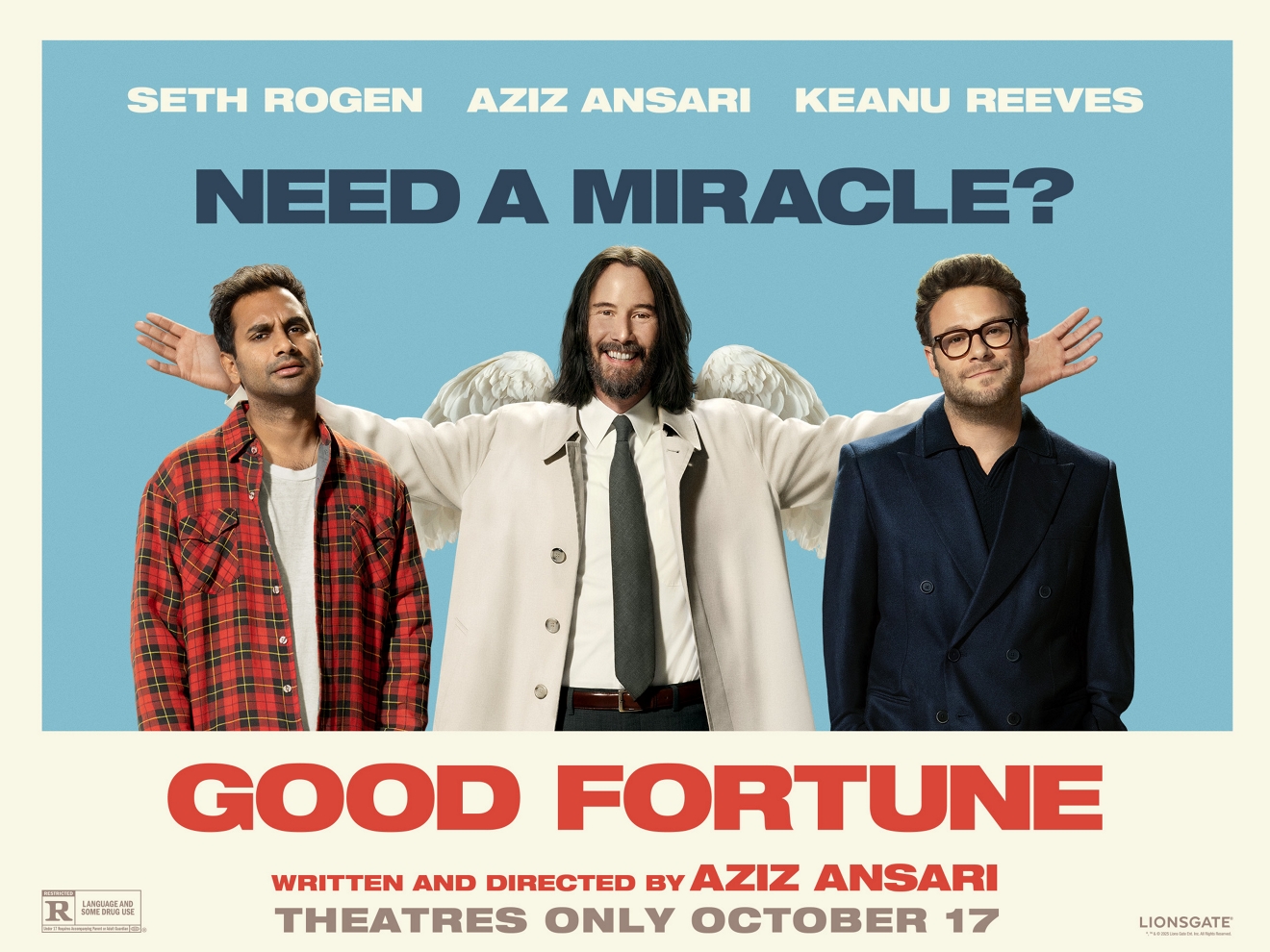 Póster de la película Good Fortune en el que aparecen los actores Aziz Ansari, Keanu Reeves y Seth Rogen uno al lado del otro.