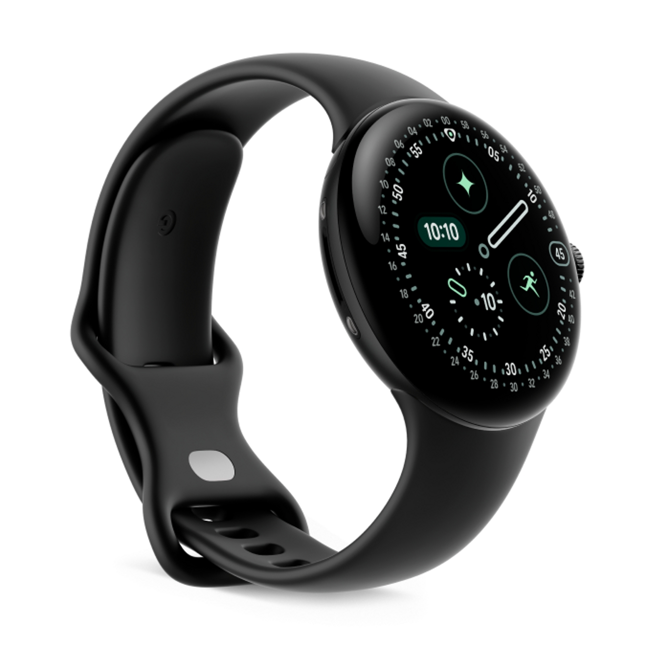 Reloj Google Pixel 4 negro sobre un fondo en blanco.