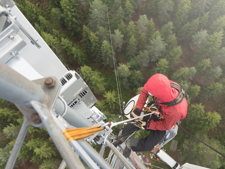 Un trabajador de una torre celular con un arnés de seguridad desciende en rápel por una estructura metálica alta con un bosque denso visible debajo.
