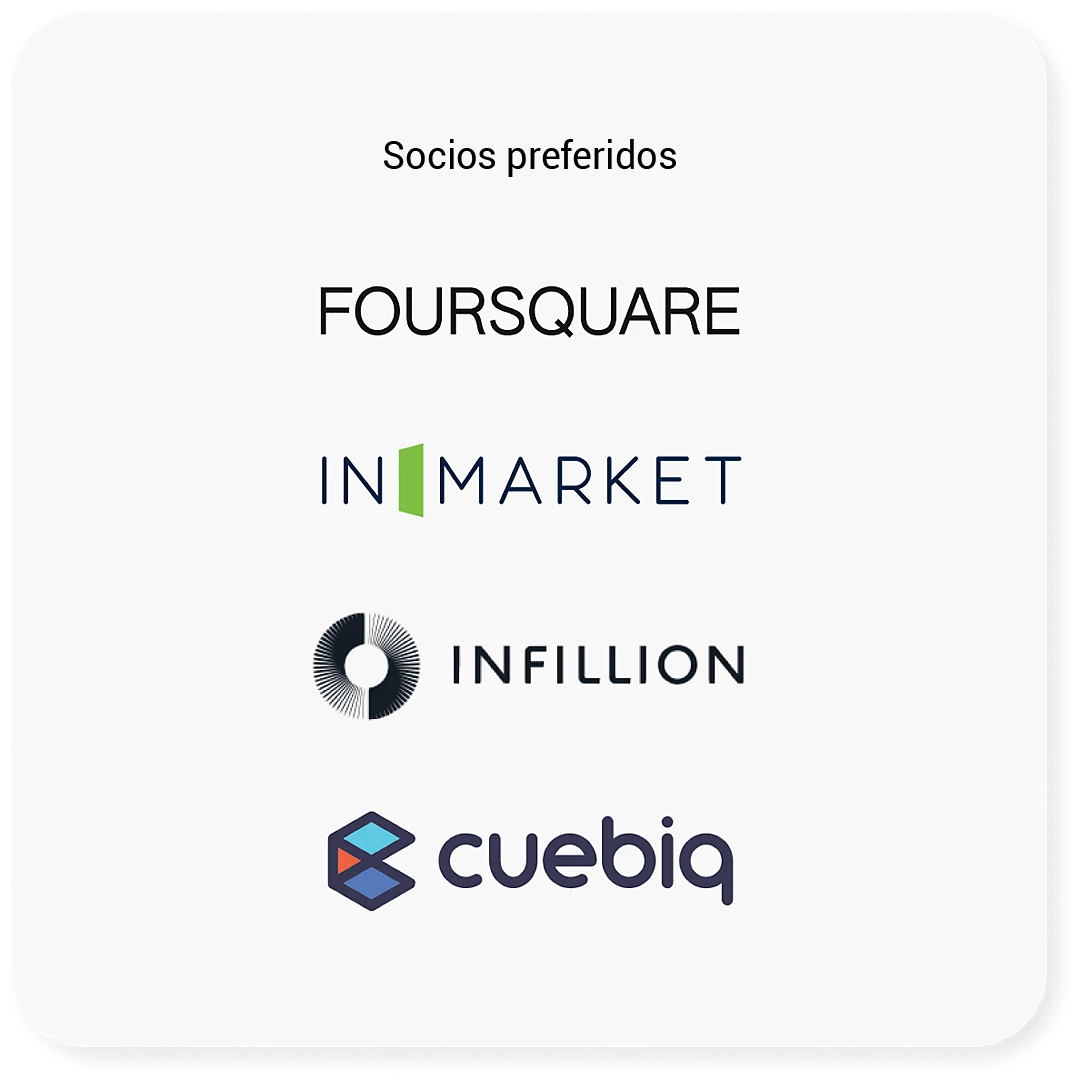 Entre los socios que ofrecen mediciones de ubicación se encuentran Foursquare, In Market, Infillion y Cuebiq