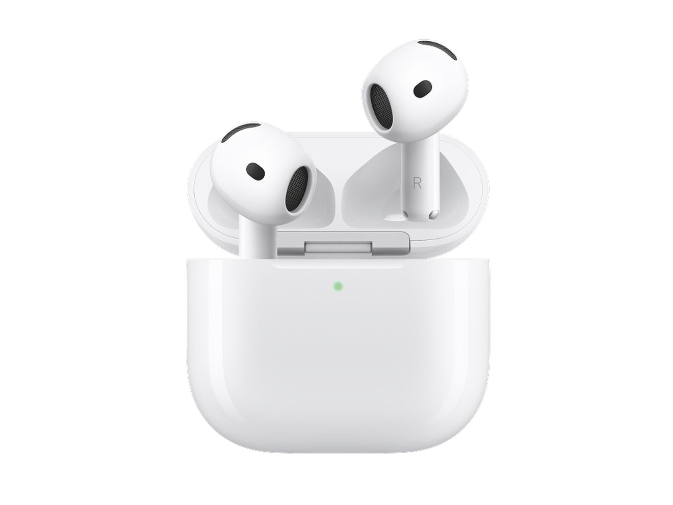 Un par de Apple AirPods blancos sobre una base de carga inalámbrica blanca.