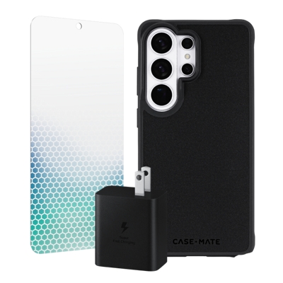 Protector de pantalla, adaptador de corriente y la parte trasera de la funda del teléfono de color negro.