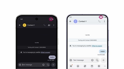 Dos teléfonos Android abiertos en la pantalla de contactos muestran el ícono "conectado a T-Satellite".
