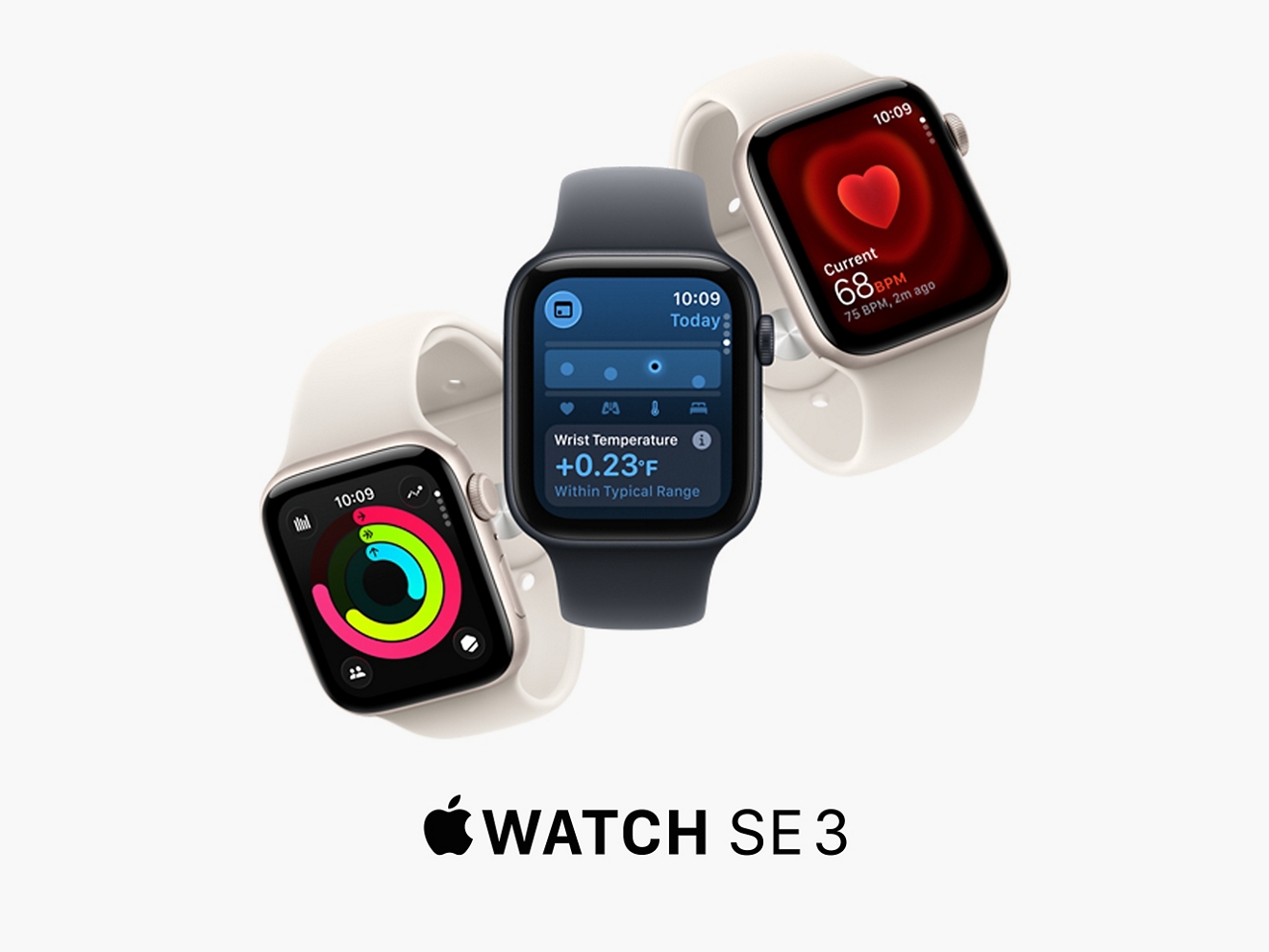 Tres modelos de Apple Watch SE 3 con cajas de 44 mm; dos en aluminio blanco estelar y uno en aluminio color medianoche.