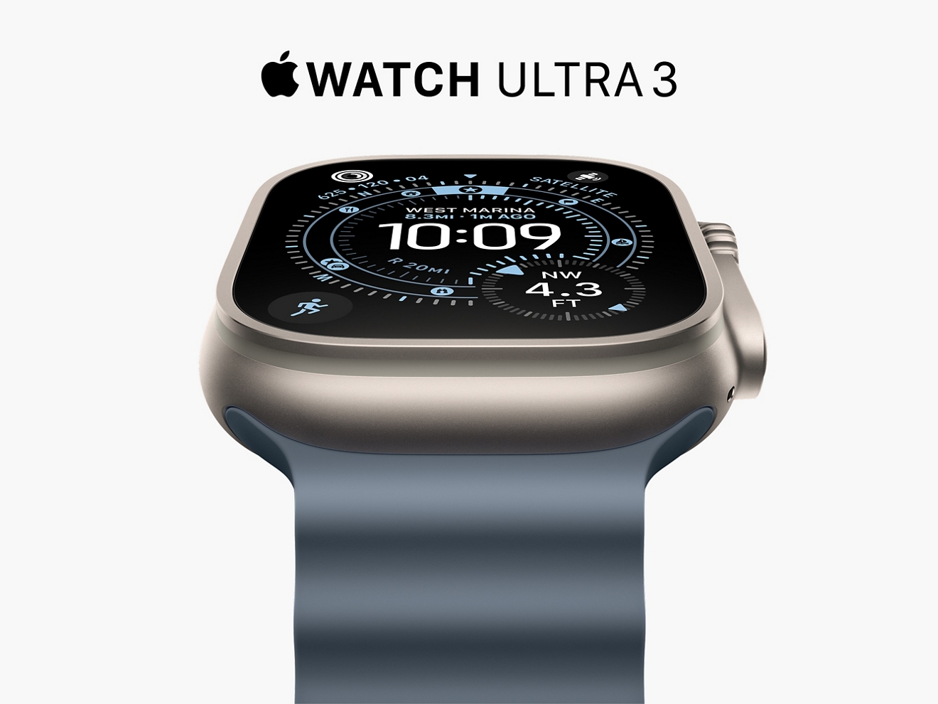 Apple Watch Ultra 3 con caja de 49 mm en titanio natural y correa Ocean azul.