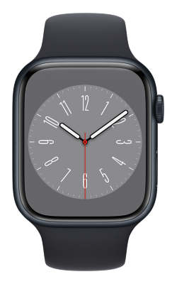 Se muestra el Apple Watch Series 8 de 45 mm negro.